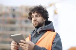 Handwerker mit Tablet auf der Baustelle