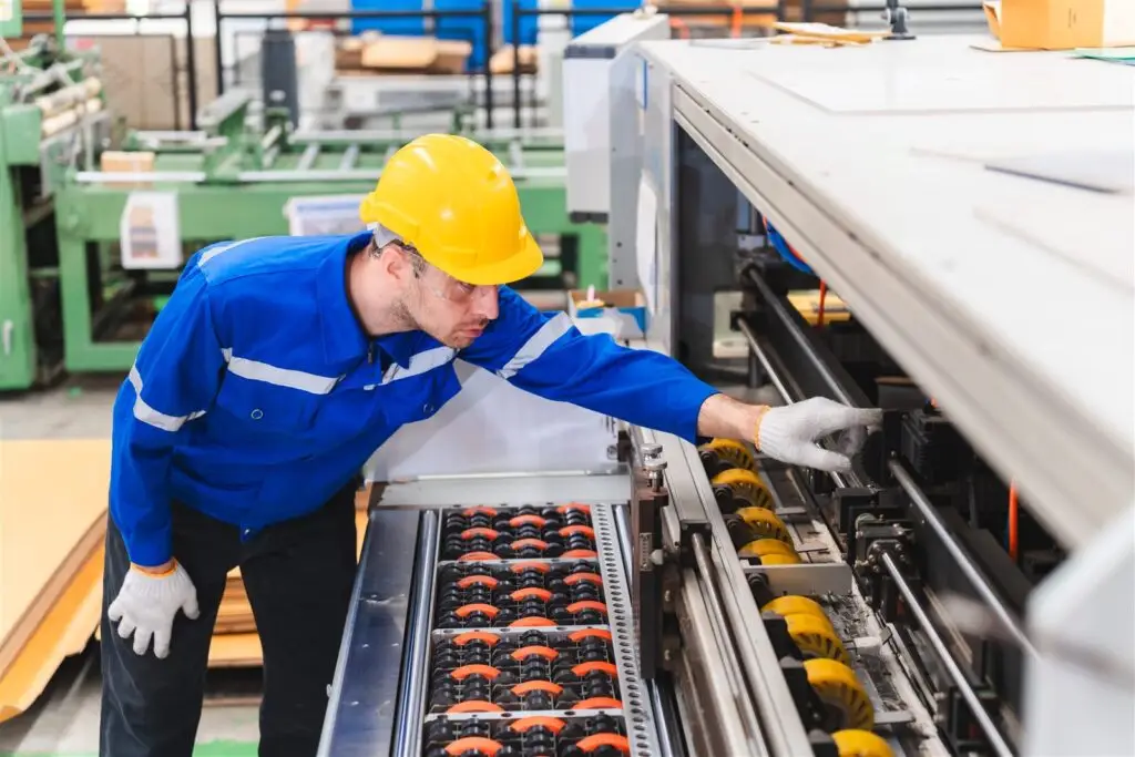Technikerinnen und Techniker prüfen eine Produktionsanlage